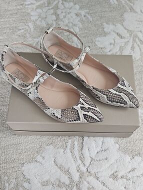 AGL Snake-Print Pointed Flats in Beige and Black with Ankle Strap